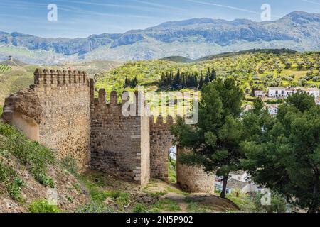 Ruinen der Festungsmauer in der Nähe der Zitadelle Alcazaba mit Bergen im Hintergrund. Antequera, Provinz Malaga, Andalusien, Spanien. Stockfoto