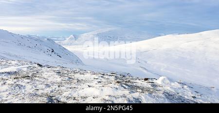 Malerischer Blick auf die schneebedeckte Landschaft des Dovre-Gebirges in Norwegen im Winter Stockfoto