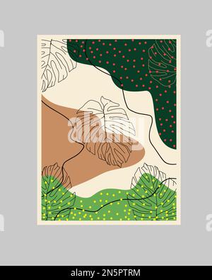 Minimalistische Illustration Handzeichnen Blattwerk Linienkunst Abstrakter Hintergrund Moderne ästhetische Illustrationen. Künstlerisches Design im böhmischen Stil für Wanddekor Stock Vektor