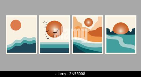 Natur minimalistisch Illustration Sonne mit Bergen natürliche Ästhetik Retro Abstrakter Hintergrund minimale Wand Art Poster Grafikdesign Stock Vektor