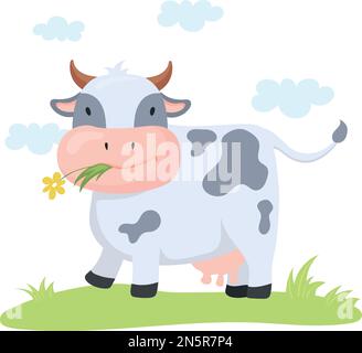 Glückliche Kuh, die Gras auf der Wiese isst. Ein lächelndes Karikatur-Tier. Vektordarstellung Stock Vektor