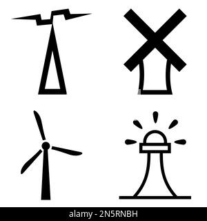 Schwarzweiß-Vektorgrafik eines Satzes von Kartensymbolen für vom Menschen geschaffene Landschaftsstrukturen. Eine schwarze Silhouette einer Windmühle, ein Strommast, ein W Stock Vektor