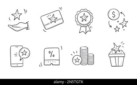 Doodle-Geschenk, Rabattgutschein-Symbolset. Handgezeichneter Bonuspreis im Skizzenstil, Symbol für Treueprogramm. Geld-Belohnungsprogramm bietet Doodle an. Vektordarstellung Stock Vektor