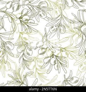 Frische Oliven, handgezeichnet. Doodle Tapetenvektor. Farbenfrohes, nahtloses Muster mit Olivenzweigen Stock Vektor