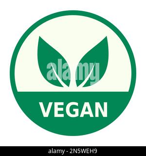Grünes und cremefarbenes vektorgrafisches Vektorzeichen. Es besteht aus einem grünen Kreis mit zwei grünen Blättern und dem Wort Vegan Stock Vektor