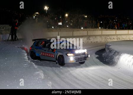 ÄNDERUNG 20230209 Ole Christian Veiby, Norwegen mit Torstein Eriksen, Norwegen, VW Polo GTI, während der ersten Etappe in der Red Barn Arena in Umeå Umeå, während der schwedischen Rallye im Unterwettbewerb 2 der World Rally Championship. Foto: Micke Fransson / TT / Code 61460 Stockfoto