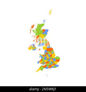 Politische Karte des Vereinigten Königreichs Großbritannien und Nordirland mit Verwaltungsbezirken - Grafschaften, einheitliche Behörden und Greater London in England, Bezirke Nordirlands, ratsbezirke Schottlands und Bezirke, Bezirke und Städte in Wales. Leere farbige Vektorkarte. Stock Vektor