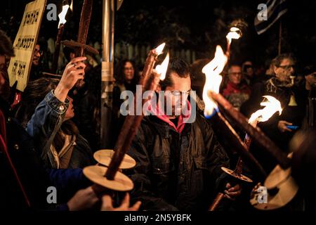 Jerusalem, Israel. 09. Februar 2023. Israelis protestieren vor dem Haus des Premierministers gegen die neue rechte Regierung. Kredit: Ilia Yefimovich/dpa/Alamy Live News Stockfoto