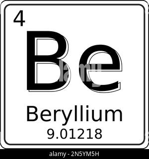 Schwarzweiß-Vektorgrafik des Symbols des Beryllium (BE)-Elements im Periodensystem der Elemente. Sie enthält auch die Atomnummer und eine Stock Vektor