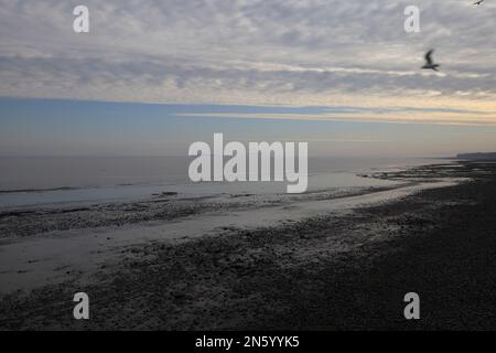 Penarth Beach mit Flut, Blick auf Flat Holm Island auf der Skyline. Neblig. Am 2023. Februar. Im Winter. Stockfoto