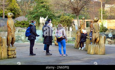 Edinburgh, Schottland, Vereinigtes Königreich 9. Februar 2023. Geschnitzte, hölzerne Erdmännchen-Statuen der Zoo von Edinburgh beginnt Auf Wiedersehen zu Pandas, nachdem er mehr als 10 Jahr in Edinburgh gelebt hat. Sie wurden kostenlos gemacht, ohne zu buchen, und es wurden Poster mit der Aufschrift „Auf Wiedersehen“ aufgehängt. Yang Guang und Tian Tian kamen 2011 in Schottland an und sollen im Oktober 2023 in ihre Heimat zurückgeschickt werden . Credit Gerard Ferry/Alamy Live News Stockfoto