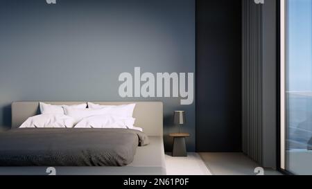 Luxuriöses schwarzes Schlafzimmer mit Meerblick - 3D-Jahre-Design Stockfoto