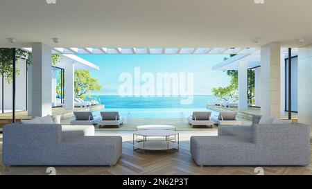 Luxuriöses Wohnzimmer am Strand und Innenausstattung mit Meerblick - 3D-Darstellung Stockfoto
