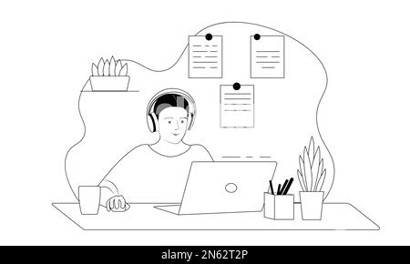Schüler lernen online zu Hause. Figur an der Rezeption. Online-Schulungskonzept. Einzeilige Abbildung Stock Vektor