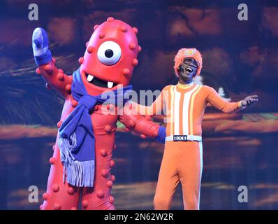 DJ Lance Rock, right, is seen with Plex at A Very Awesome Yo Gabba Gabba!  Live! Holiday Show, on Saturday, Nov. 30, 2013 at Nokia Theater, L.A. Live  in Los Angeles. (Photo