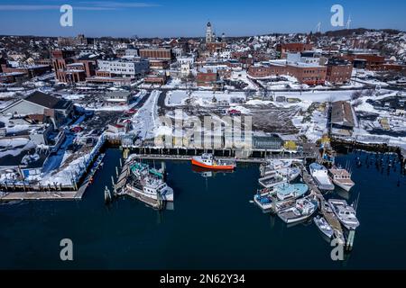 Gloucester, Massachusetts im Winter aus der Vogelperspektive Stockfoto