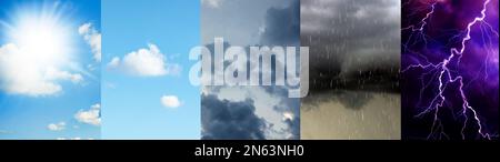 Fotos vom Himmel bei unterschiedlichem Wetter, Collage. Bannerdesign Stockfoto