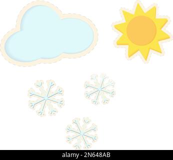 Set mit 3D Aufklebern in Form von Sonne, Wolken und Schneeflocken in trendigen, hellen Farbtönen. Symbol. Isolieren. Aufkleber. Geeignet für Banner, Etiketten, Oberflächen oder Poster, Karten oder Web, Preis. Isolieren. Vektor. EPS Stock Vektor
