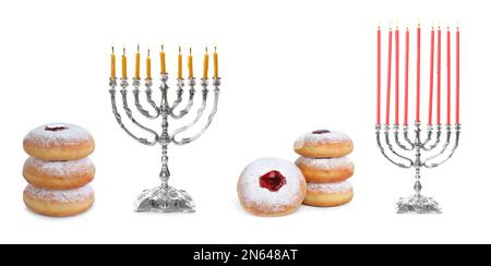 Hanukka-Donuts und silberne Menorahs auf weißem Hintergrund, Collage. Bannerdesign Stockfoto