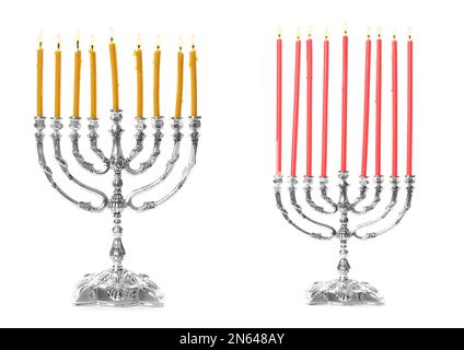 Silberne Menorahs mit brennenden Kerzen auf weißem Hintergrund. Hanukka-Feier Stockfoto