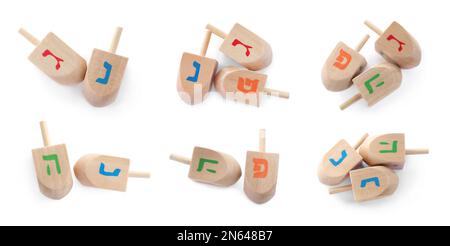 Hanukka traditionelle Dreidel mit Buchstaben auf weißem Hintergrund, Collage. Bannerdesign Stockfoto