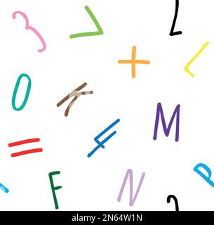 Nahtloses Vektormuster verschiedener Farben handgezeichnete Skizzen, Zahlen und Buchstaben, isoliert auf weißem Hintergrund Stock Vektor