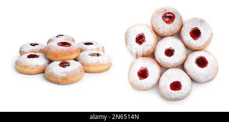 Hanukka-Donuts mit Gelee und Zuckerpulver auf weißem Hintergrund Stockfoto