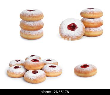 Hanukka-Donuts mit Gelee und Zuckerpulver auf weißem Hintergrund, Collage Stockfoto