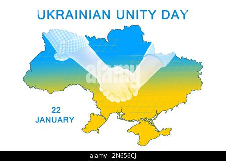 „Ukrainian Unity Day“-Posterdesign. Leute schütteln Hände und Karte auf weißem Hintergrund, doppelte Belichtung Stockfoto