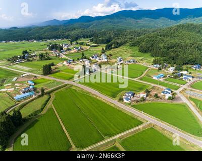 Reisfeld, Bauernhäuser, Fuß der Berge, Drohnenantenne, Stadt Yokote, Akita, Tohoku, Japan, Ostasien, Asien Stockfoto