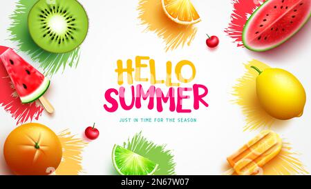 „Hello Summer“-Vektordesign. „Hello Summer“-Text mit Wassermelone, Orange, Kiwi und Limettenscheiben. Vektordarstellung Sommerfrucht Hintergrund Stock Vektor