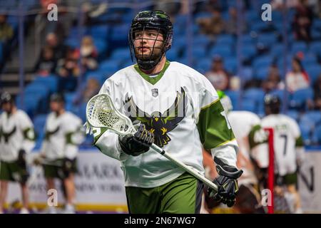 4. Februar 2023: Rochester Knighthawks Forward Austin Hasen (18) sieht sich in Warm-ups vor einem Spiel gegen die Buffalo Bandits an. Die Buffalo Bandits veranstalteten die Rochester Knighthawks bei einem Spiel der National Lacrosse League im KeyBank Center in Buffalo, New York. (Jonathan Tenca/CSM) Stockfoto