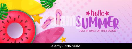 Hallo, Sommervektor-Hintergrund. Hallo-Sommer-Text mit Strandschwimmer, Surfbrett und Flipflop-Element im Hintergrund. Vektordarstellung Sommer Stock Vektor