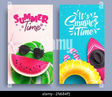 Sommerzeitvektor eingestellt. Sommerzeit Text mit Strandurlaubselementen als Bannerhintergrund. Sommerposter mit Vektorzeichnung. Stock Vektor