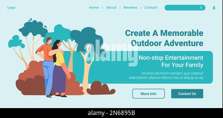 Unterhaltung für Ihre Familie, schaffen Sie ein unvergessliches Outdoor-Abenteuer. Ein Paar verbringt Zeit im Freien, reist und macht Spaß. Landing-Page-Vorlage für Website, auf Stock Vektor