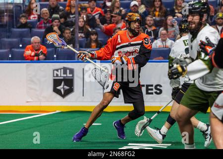 4. Februar 2023: Buffalo Bandits Forward Dhane Smith (92) trägt den Ball im dritten Quartal gegen die Rochester Knighthawks. Die Buffalo Bandits veranstalteten die Rochester Knighthawks bei einem Spiel der National Lacrosse League im KeyBank Center in Buffalo, New York. (Jonathan Tenca/CSM) Stockfoto