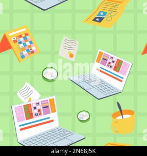 Kalender und Laptop mit Website mit Statistiken, Arbeitsplatz- und Büromaterial. Tasse mit Kaffee oder Tee, Pläne und Karten. Nahtloses Muster, Wallpa Stock Vektor