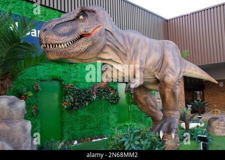 Ein lebensgroßes Modell eines Tyrannosaurus rex vor einem Einkaufszentrum Stockfoto