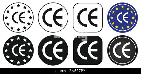 CE-Zeichen. CE-Symbol isoliert auf weißem Hintergrund. Symbole für das europäische Konformitätszertifikat festgelegt. Schwarz flach, konturiert, kreisförmig, quadratisch. Vektoren. Stock Vektor