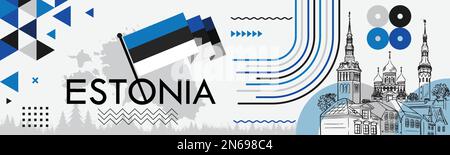 Banner für den Nationaltag Estlands mit estnischen Flaggenfarben und abstraktem geometrischem Retro-Design in Blau und Weiß. Tallinns Landschaft. Stock Vektor