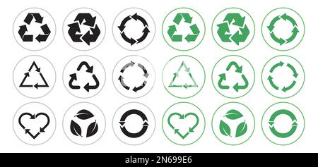 Symbolgruppe recyceln. Dreiecke, Pfeile, Herz und Blatt recyceln das Öko-Zeichen-Symbol. Abgerundete Winkel. Kreis mit Pfeilen. Flache grüne recycelte Zeichenvektoren. Stock Vektor
