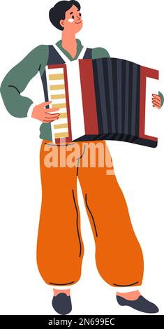 Männerpersönlichkeit spielt Musikshow, spielt Akkordeon. Isolierter Mann mit wichtigen Musikinstrumenten, Konzerten oder Aufführungen, Festivals oder Bandspieler. Stock Vektor