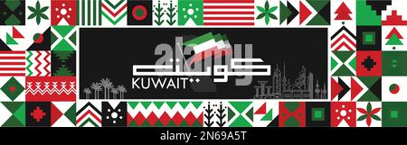 Kuwait-Nationalbanner mit seinem Namen in arabischer Kalligraphie. Kuwaitische Flaggenfarben Rot-Grün-schwarzer Hintergrund mit abstraktem geometrischem Design. Stock Vektor