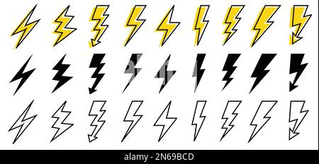 Blitzsymbol gesetzt. Thunderbolt in flacher Ausführung. Vektor für grafische Elemente in Umrissen. Schwarz umrandete und gelbe Symbolgruppen. Schild für Netzspannung. Stock Vektor