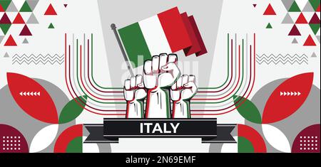 Banner für den italienischen Nationaltag mit italienischen Flaggenfarben auf Hintergrund und geometrischem abstrakten Retro-Design in Grün und Weiß. Italiener. Sport. Stock Vektor