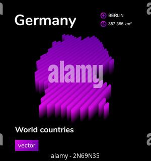 Karte Deutschland 3D. Stilisierte Neon-Digitalvektorkarte von Deutschland mit isometrischen Streifen in violetten und rosafarbenen Farben auf schwarzem Hintergrund Stock Vektor