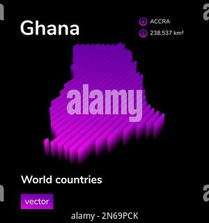 3D Karte von Ghana. Stilisierte, gestreifte, isometrische Vektorkarte von Ghana ist in Neonviolett auf schwarzem Hintergrund. Informationsbanner Stock Vektor