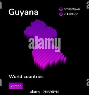 Karte von Guyana 3D. Gestreifter isometrischer Neonvektor in violetten Farben. Infografik zur Geografie. Informationsbanner Stock Vektor