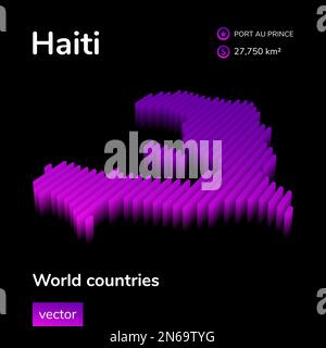 Karte von Haiti 3D. Stilisierte Neon-isometrisch gestreifte Vektorkarte von Haiti ist in violetten Farben auf schwarzem Hintergrund. Informationsbanner Stock Vektor
