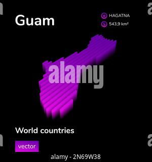Guam 3D-Karte. Gestreifte isometrische Neonvektorkarte Guam in violetten Farben. Geografische Infografikkarte, Poster. Informationsbanner Stock Vektor